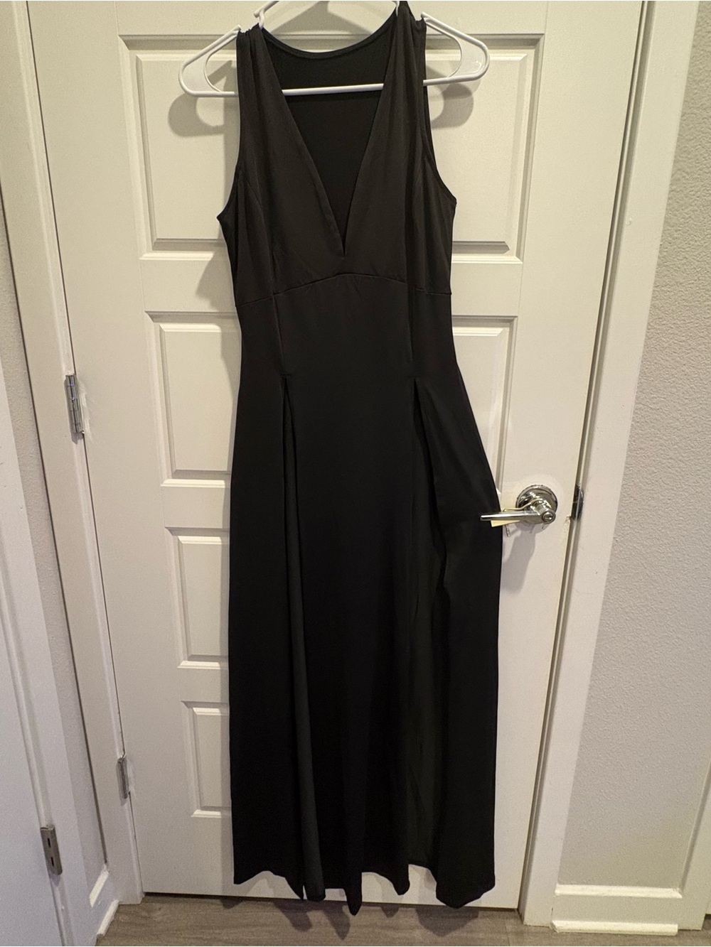 Black Plunge Neck Maxi Dress High Slits Sleeveless Medium